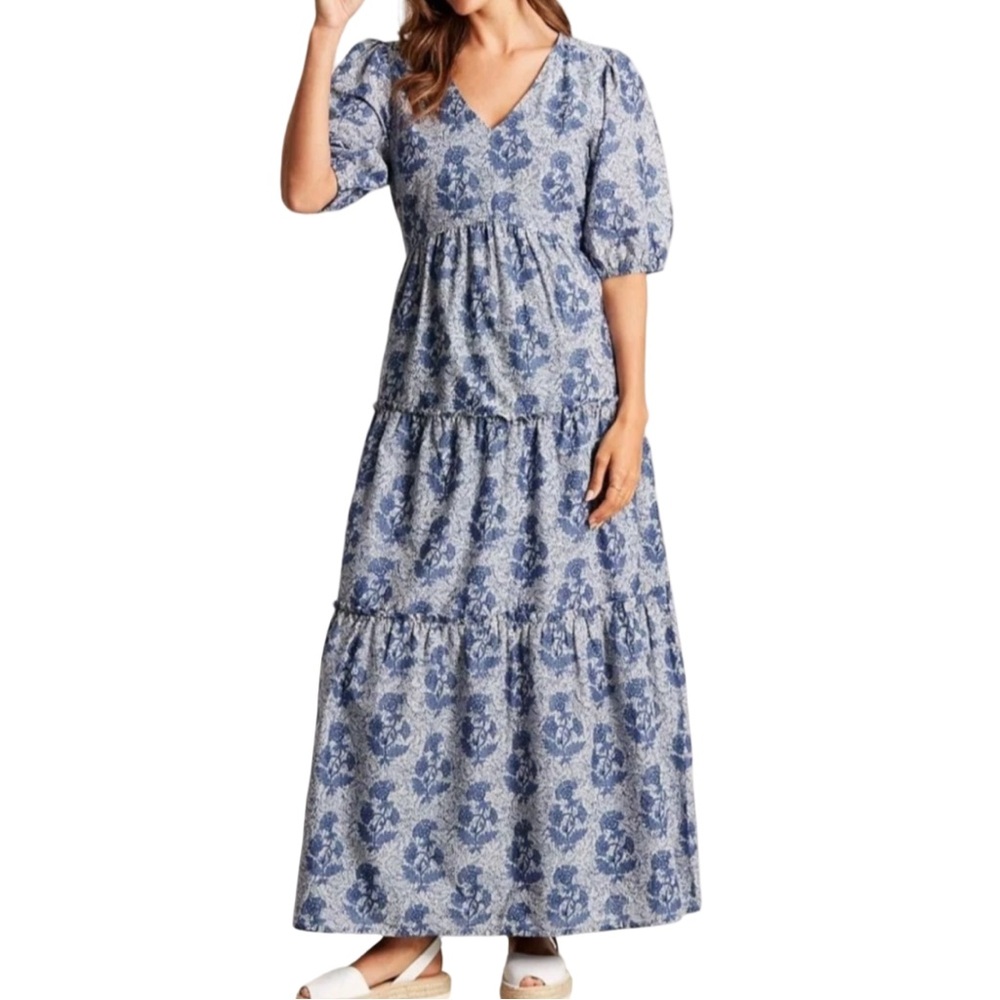Joules DARCY Tiered puff sleeve V Neckline Maxi Dress